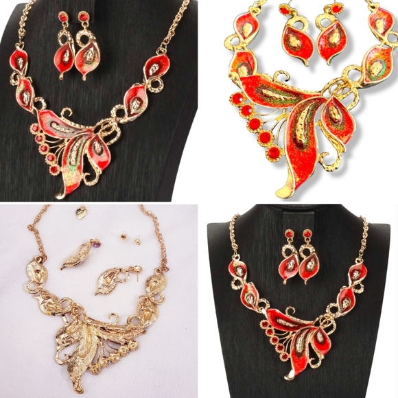 Gold plated Red green purple sparkly crystal feather necklace earrings sets - Picture 3 of 16